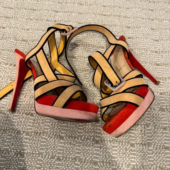Rare Vintage Christian Louboutin Tan & Red Suede Strappy Heels | Size 8 - Picture 4 of 6